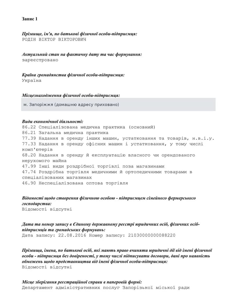 Витяг з Єдиного державного реєстру про ФОП, 2026
