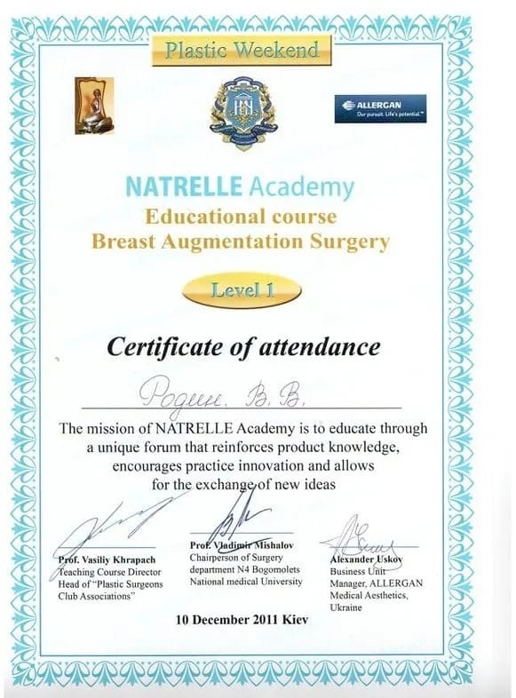 Сертифікат учасника: NATRELLE Academy Educational course Breast Augmentation Surgery, Level 1, 2011